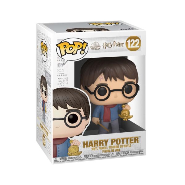Caja con Funko Pop de Harry Potter 122 en vacaciones con búho dorado